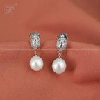 Silver CZ Oval Stud Earrings with Cream | Krishna Pearls and Jewellers