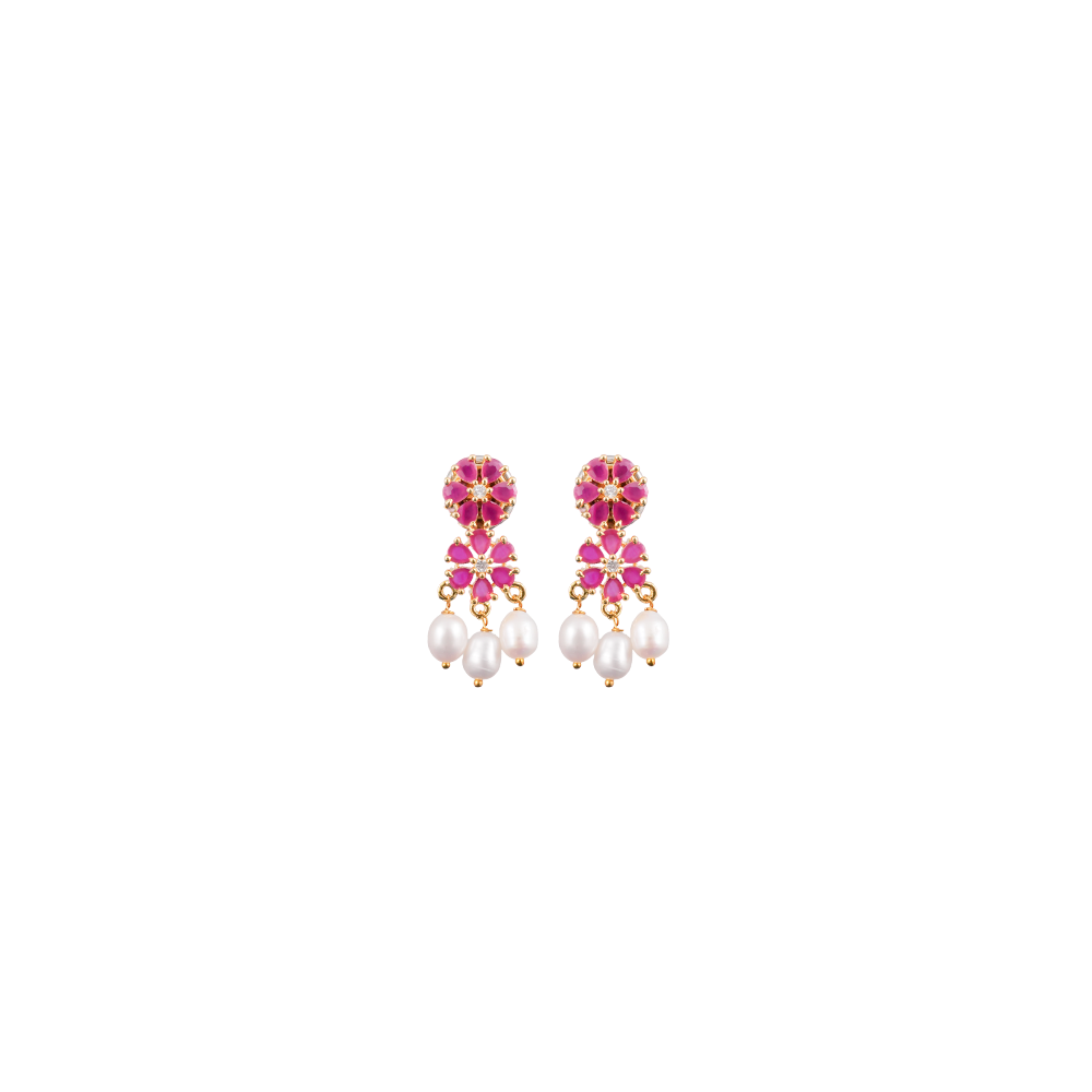 Elegant Red stone Floral Pearl Jewelry Set | Krishna Pearls and Jewellers