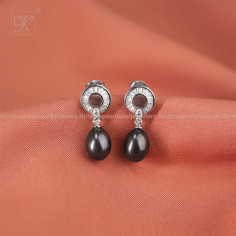 Elegant Black Pearl Drop Earrings with CZ | Krishna Pearls and Jewellers