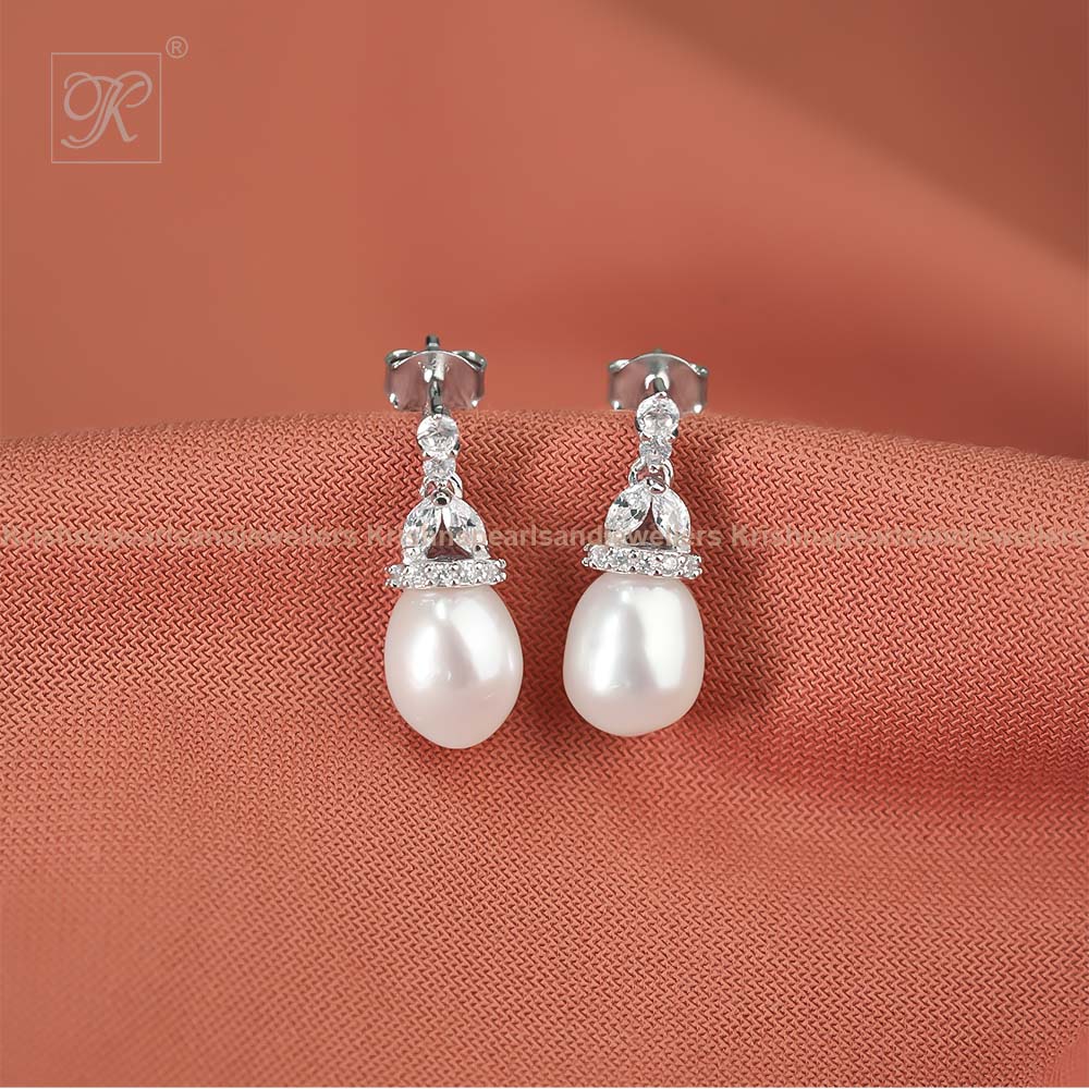 Elegant Drop Pearl & CZ Dangle Earrings | Krishna Pearls and Jewellers