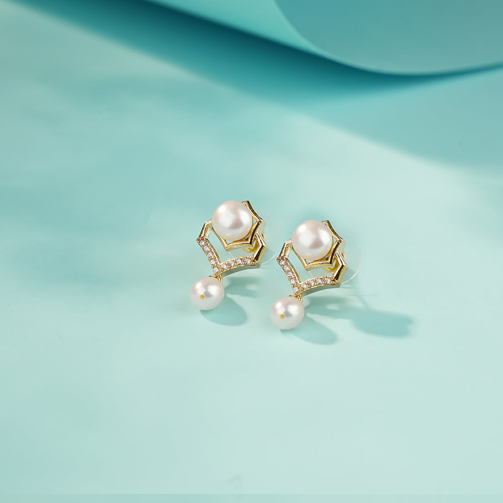 Geometric Pearl Pendant Necklace Set with Crystal AD pipes Pearl Bracelet & Matching Drop Earrings | Premium Pearl Jewellery Combo Set for Women.
