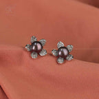 Silver Leaf Design Black Pearl Earrings | Krishna Pearls and Jewellers