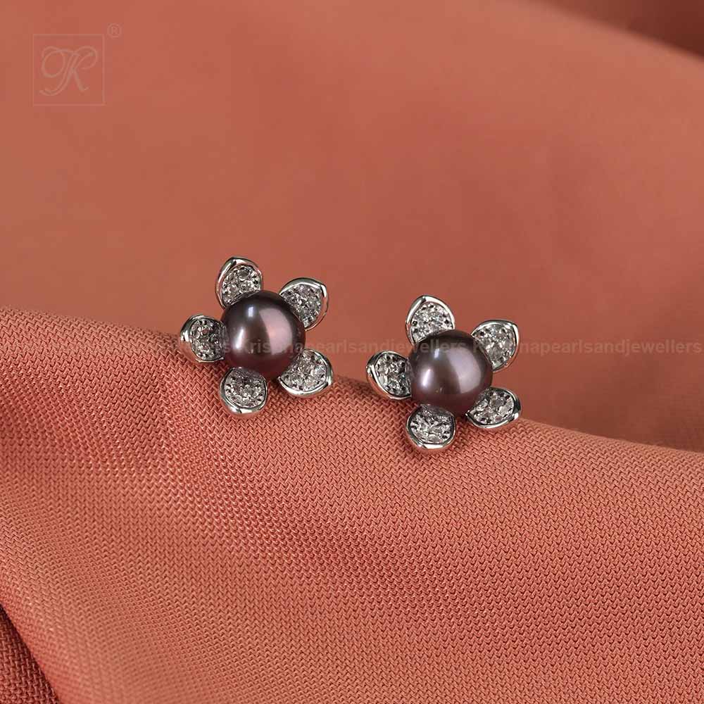 Silver Leaf Design Black Pearl Earrings | Krishna Pearls and Jewellers