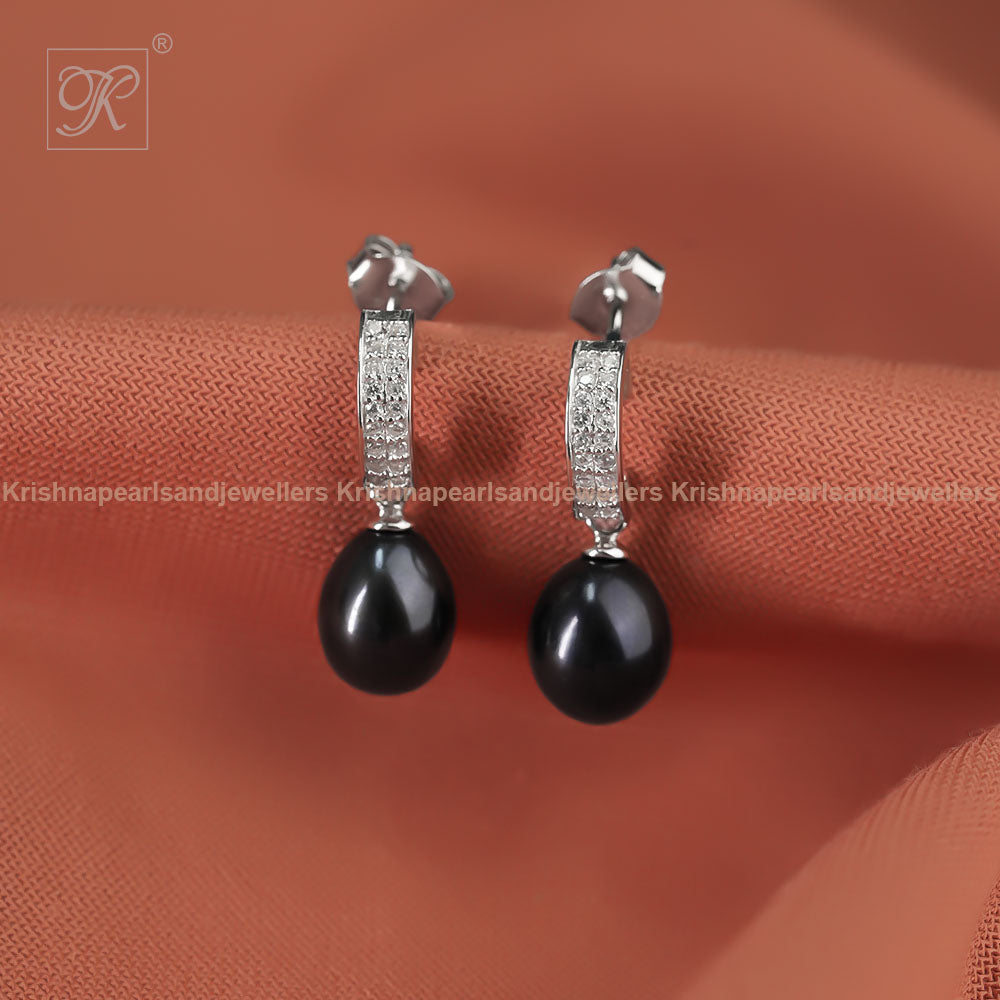 Silver CZ Huggie Hoop Earrings with Black | Krishna Pearls and Jewellers