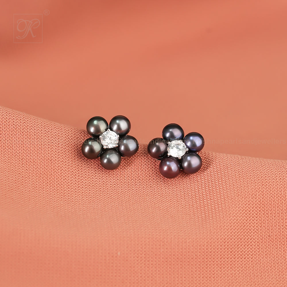 Black Pearl Flower Stud Earrings with CZ | Krishna Pearls and Jewellers