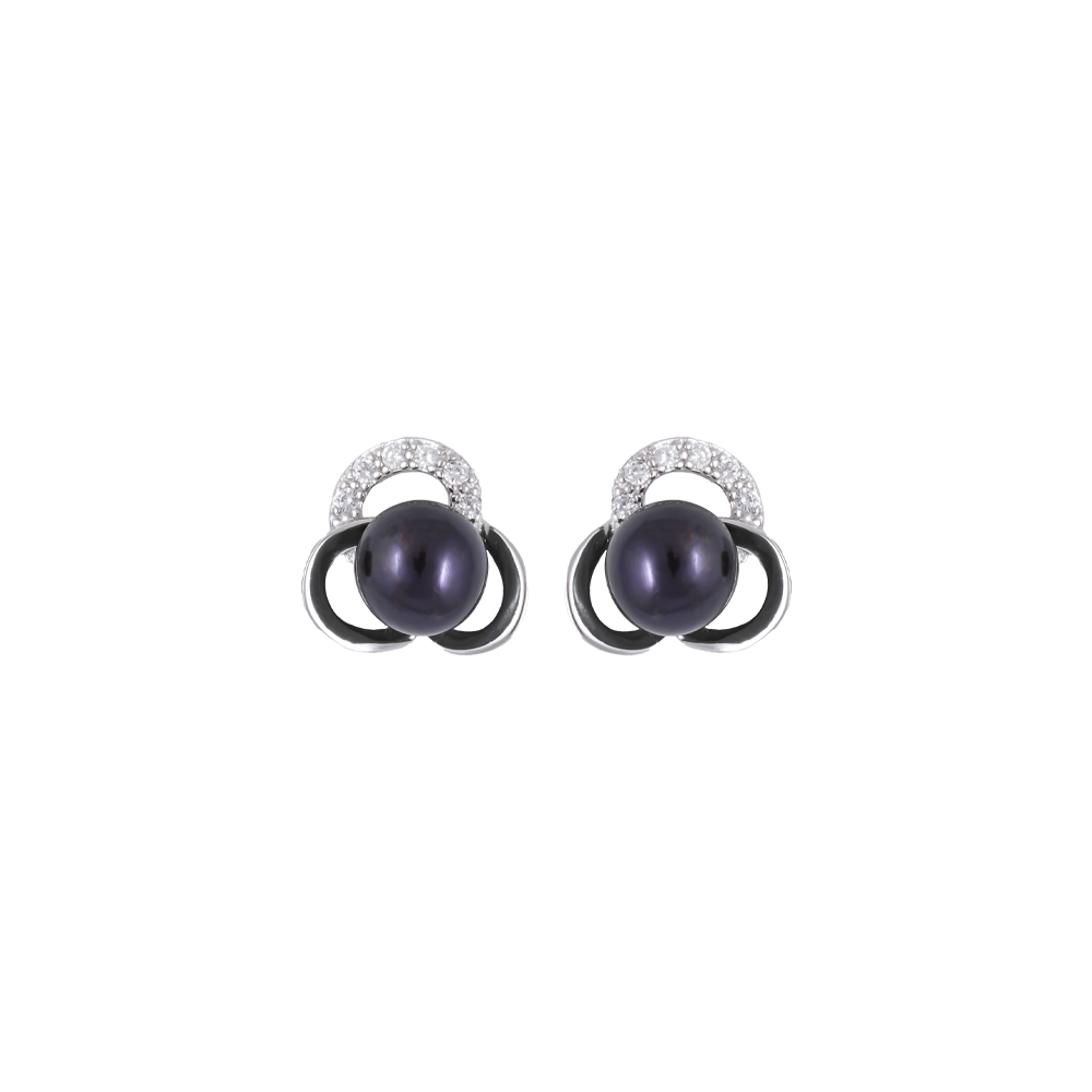 Black Pearl CZ Blossom Stud Earrings | Krishna Pearls and Jewellers