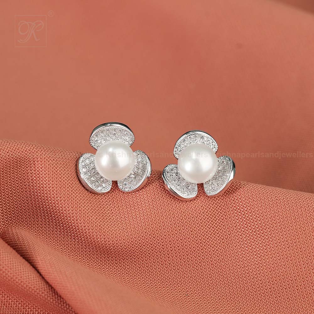 Silver Leaf studd earrings with CZ | Krishna Pearls and Jewellers