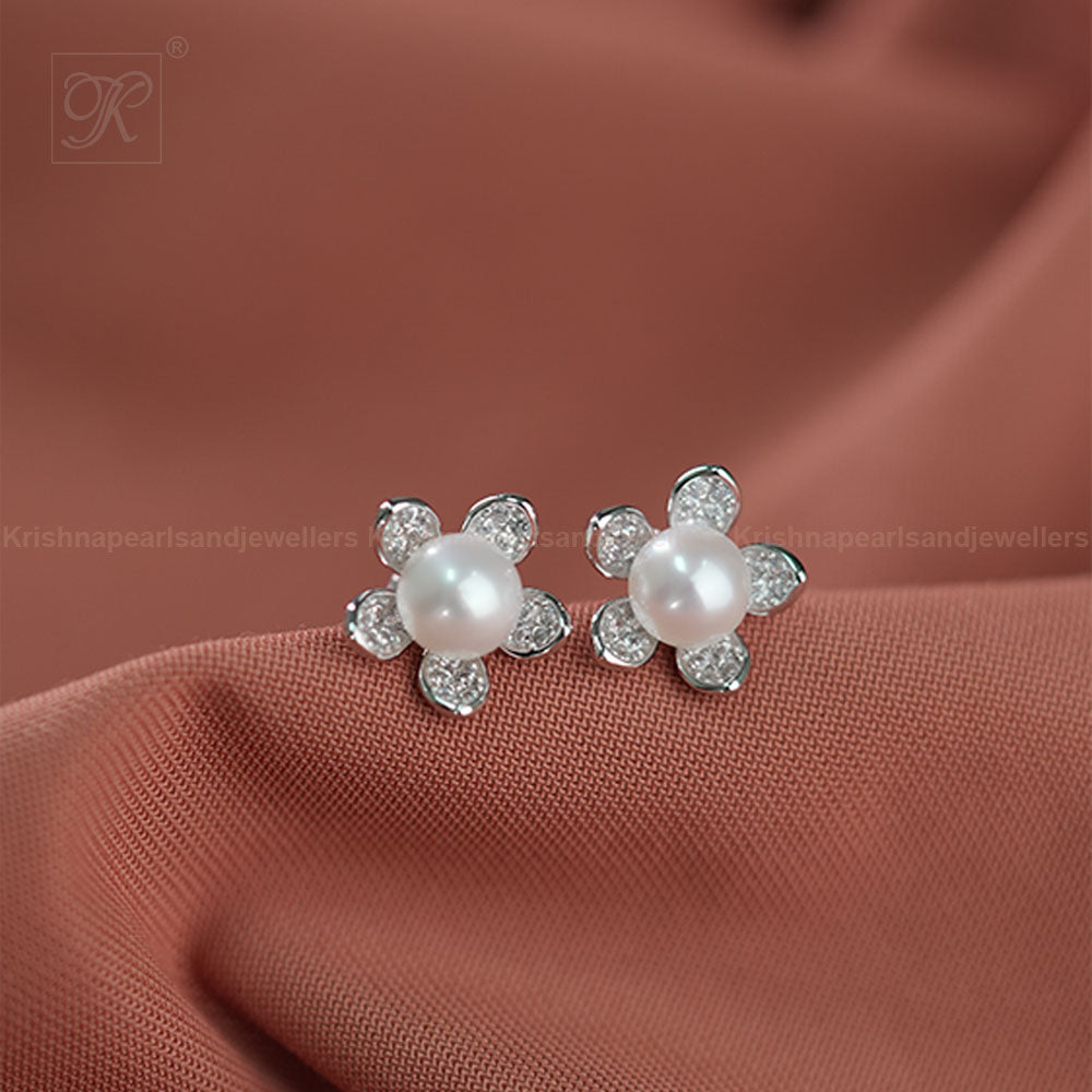 Silver Pearl Stud Earrings with CZ | Krishna Pearls and Jewellers