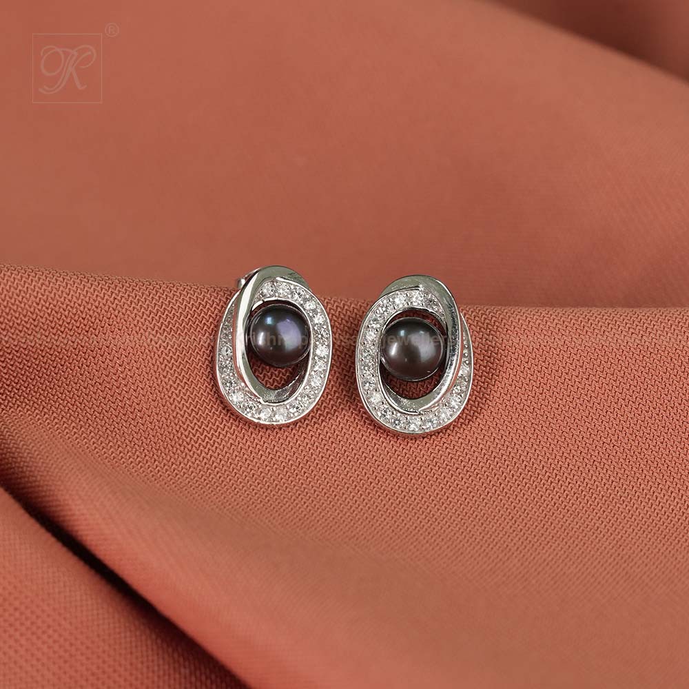 Silver Colour Pearl Studs with CZ – Classic | Krishna Pearls and Jewellers