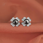 Silver Floral Stud Earrings with Black | Krishna Pearls and Jewellers