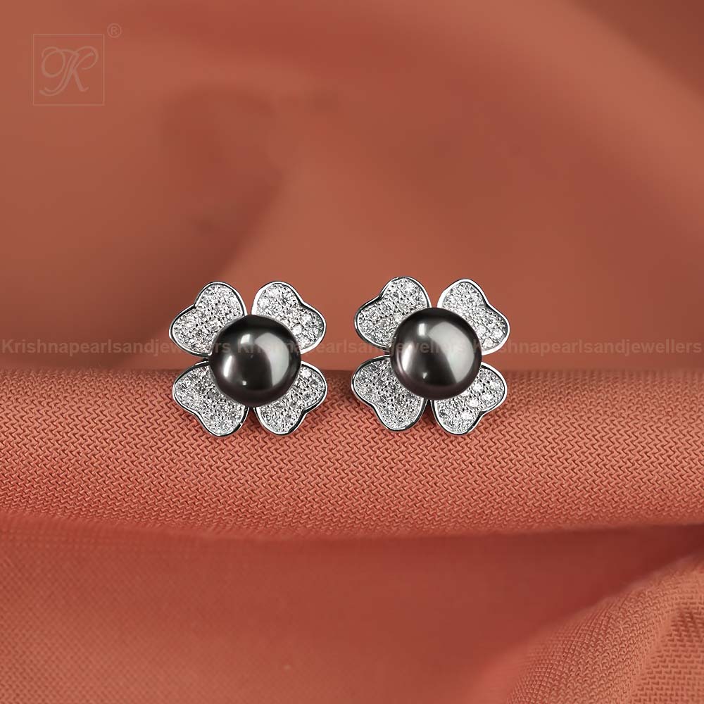 Silver Floral Stud Earrings with Black | Krishna Pearls and Jewellers