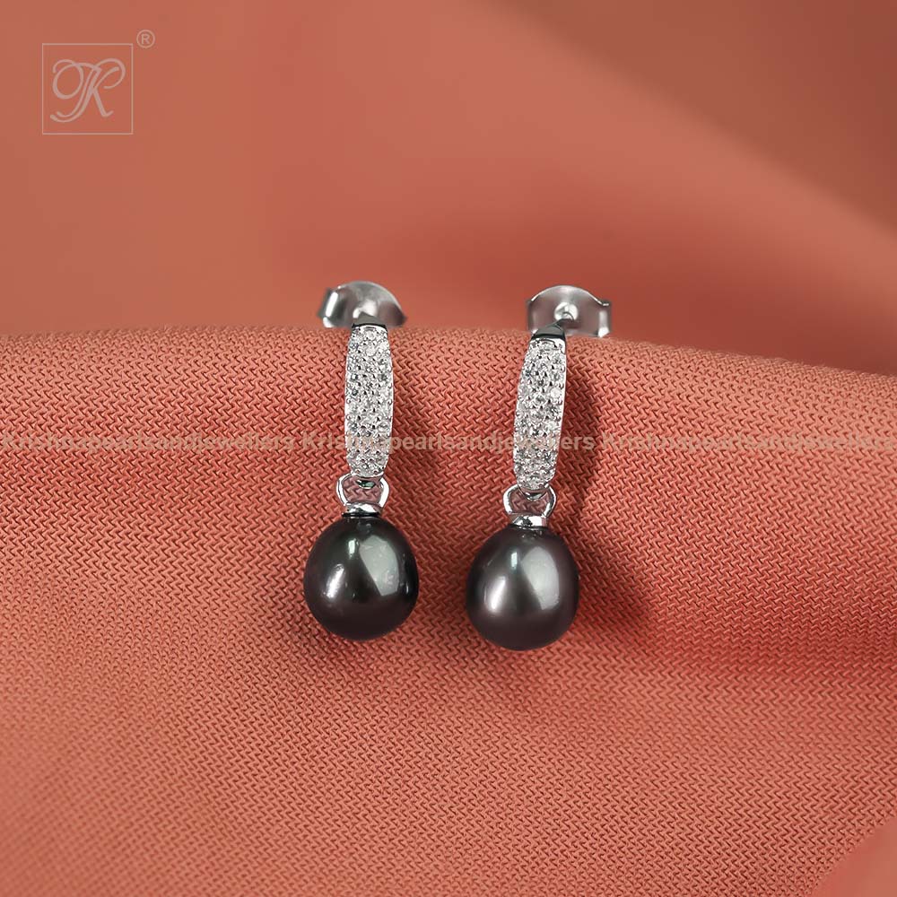 Silver Noir Glow Pearl Drop Earrings | Krishna Pearls and Jewellers