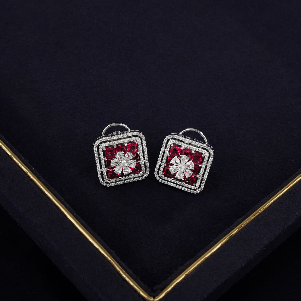 Freshwater Pearl Necklace Set with Sparkling Red Stone Square Pendant, Matching Earrings & Pearl Bracelet | Bridal Designer Jewellery Combo and Gift Set
