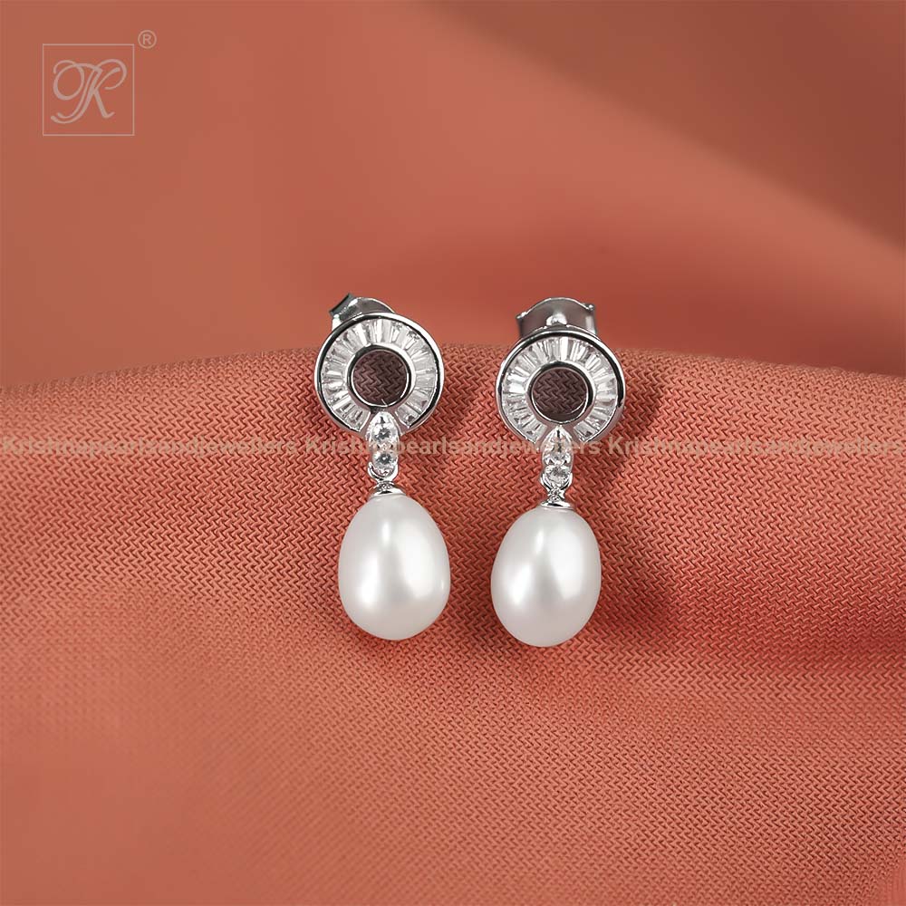 Silver CZ Circle Drop Earrings with Cream | Krishna Pearls and Jewellers