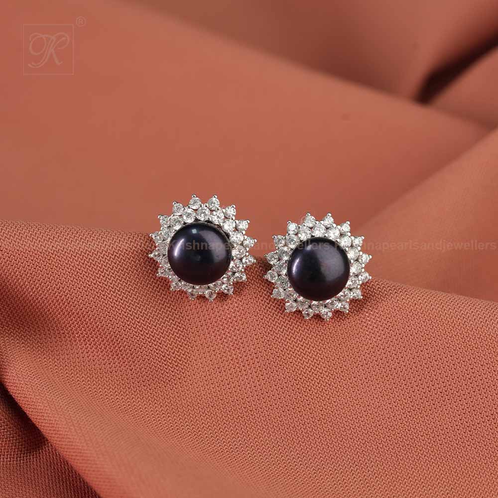 Silver Black Pearl Stud Earrings with CZ | Krishna Pearls and Jewellers