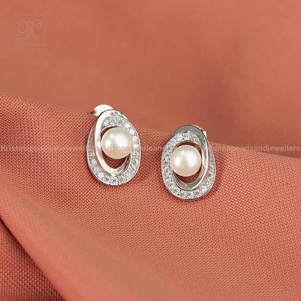 Silver Oval-Shaped Earrings with Pearl and | Krishna Pearls and Jewellers