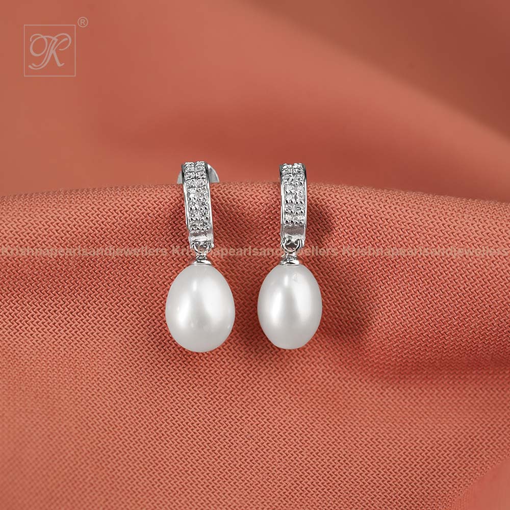 Silver CZ Pearl Drop Earrings Freshwater | Krishna Pearls and Jewellers