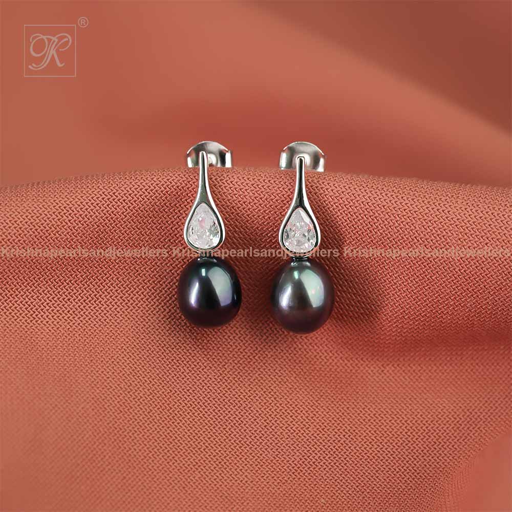 Sleek Silver Drop Earrings with Black | Krishna Pearls and Jewellers