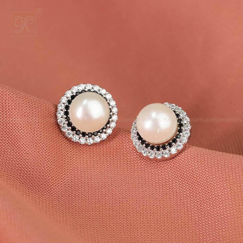 Silver white pearl with CZ earrings | Krishna Pearls and Jewellers