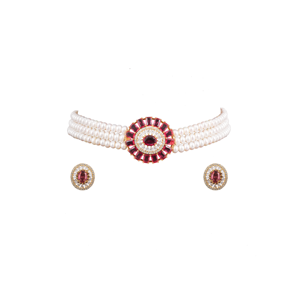 Crimson Royale Pearl Choker Set Freshwater | Krishna Pearls and Jewellers