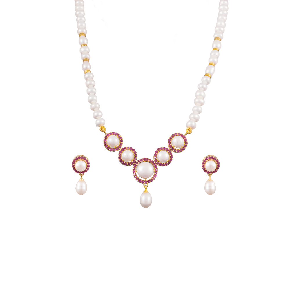 Crimson Halo Pearl Jewelry Set Freshwater | Krishna Pearls and Jewellers