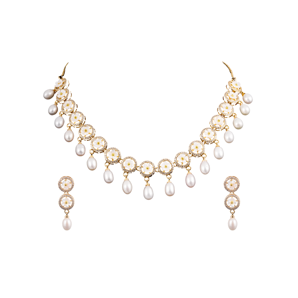 Delicate Crystal Bloom & Pearl Drop Jewelry | Krishna Pearls and Jewellers