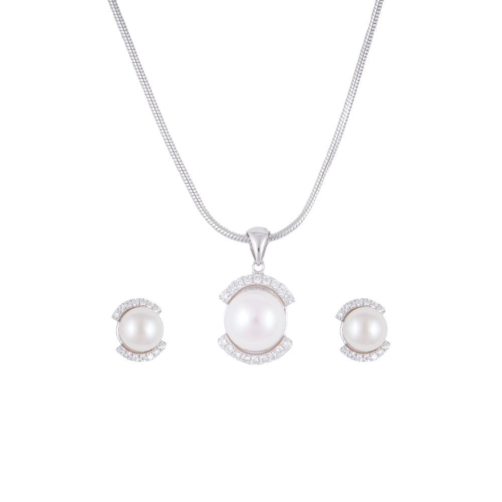Crescent Charm Pearl Set – CZ-Kissed Creamy | Krishna Pearls and Jewellers