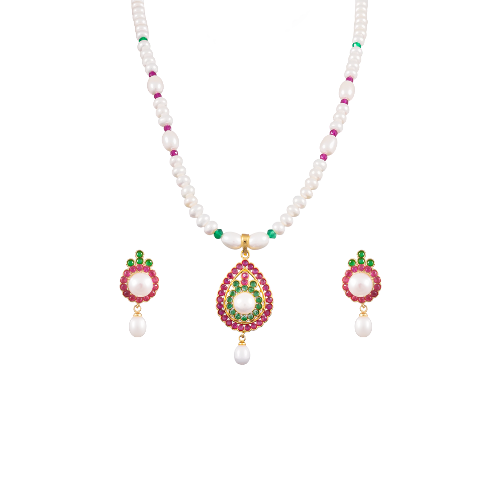 Festive Pearl & Multicolor stone Medallion | Krishna Pearls and Jewellers