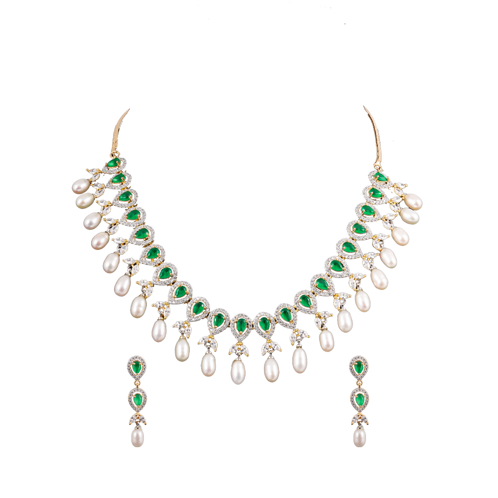 CZ with Green Stone Teardrop Pearl Necklace | Krishna Pearls and Jewellers
