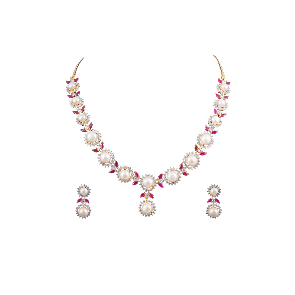 Pearl Bloom Gold-Tone Necklace Set | Krishna Pearls and Jewellers