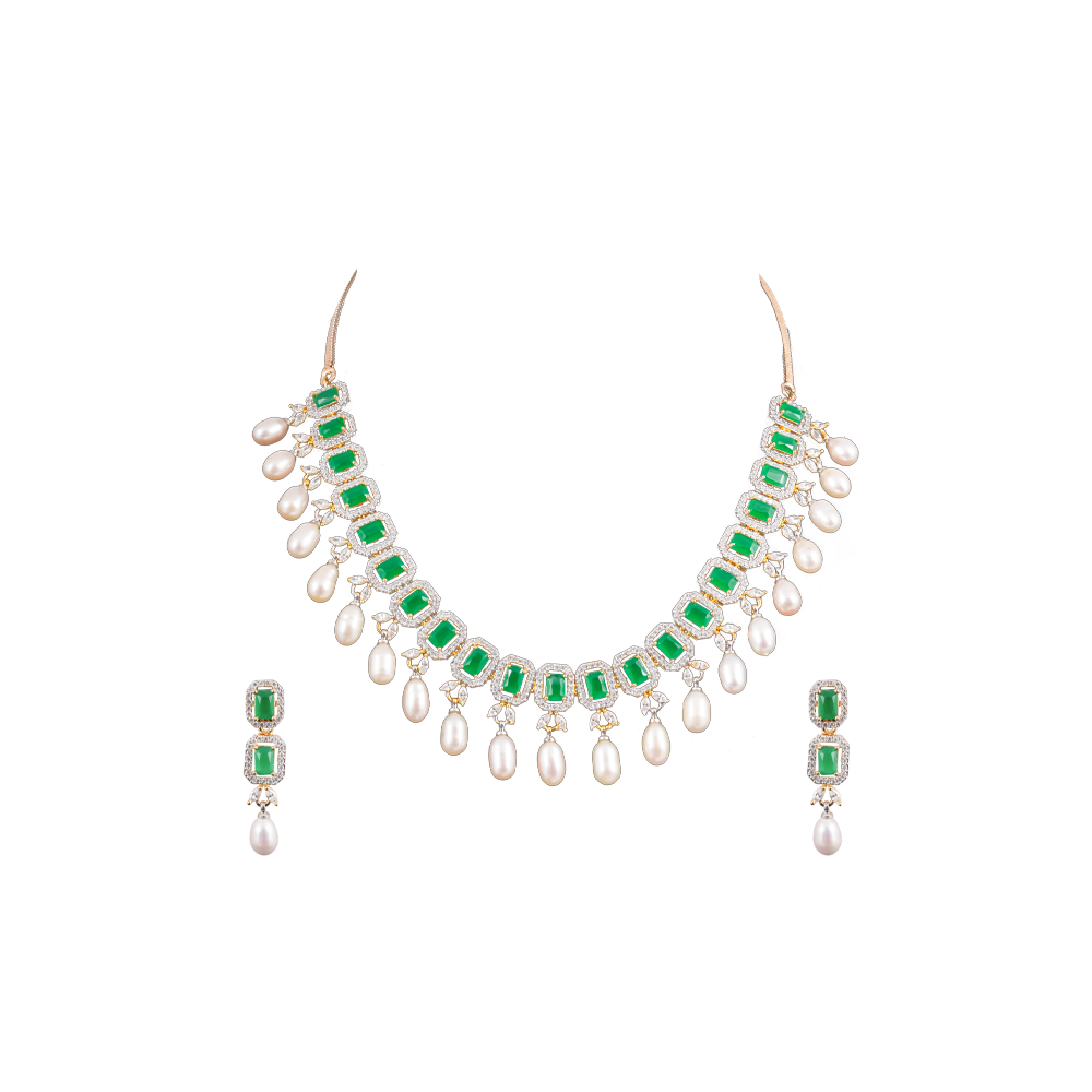 Green Square Cascade Pearl Necklace Set | Krishna Pearls and Jewellers