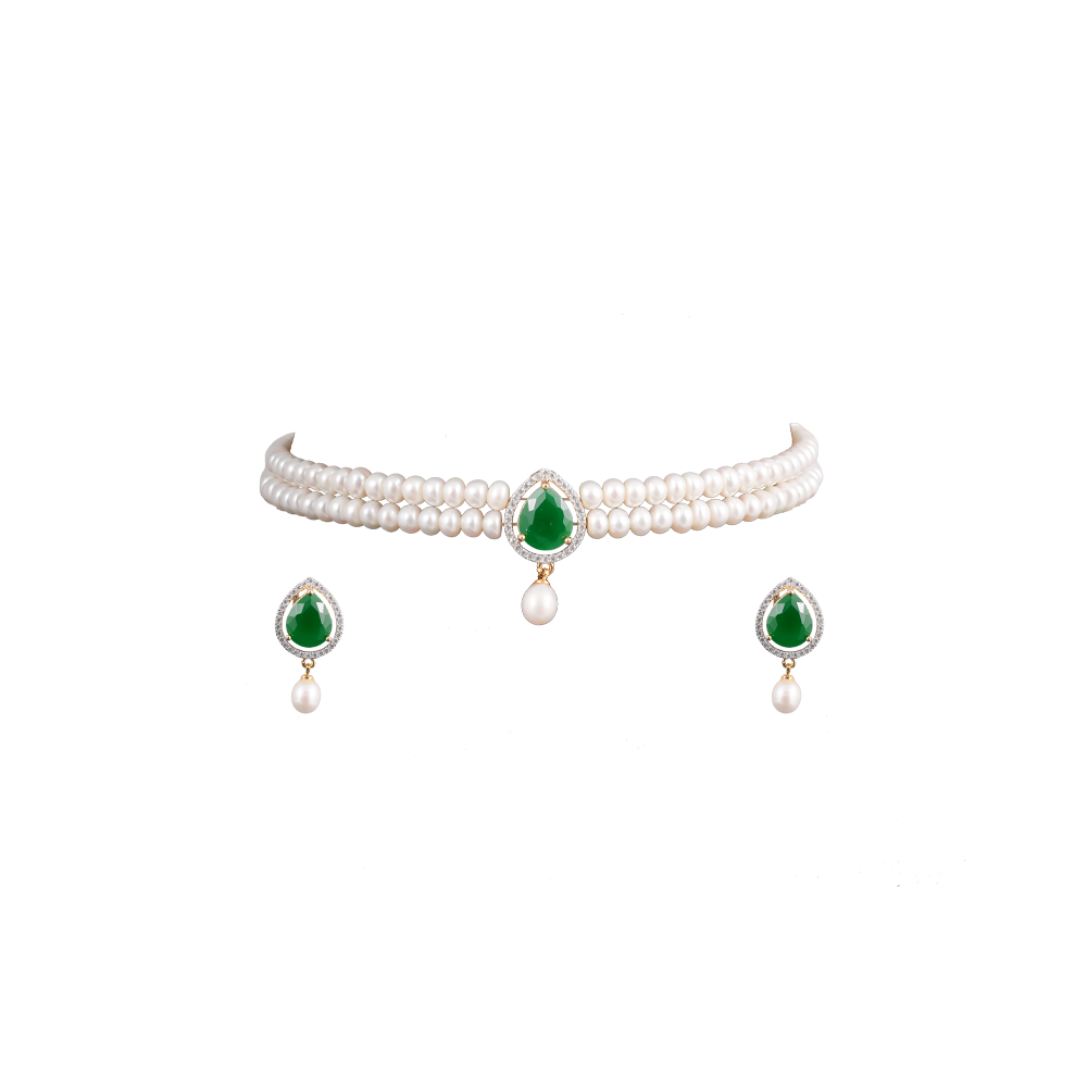 Regal Pearl and Green Stone Choker Set | Krishna Pearls and Jewellers