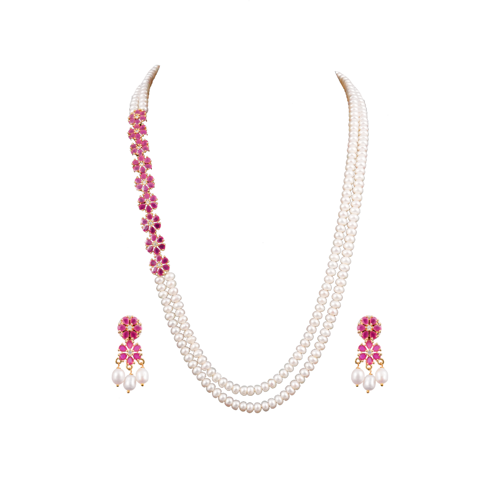 Elegant Red stone Floral Pearl Jewelry Set | Krishna Pearls and Jewellers