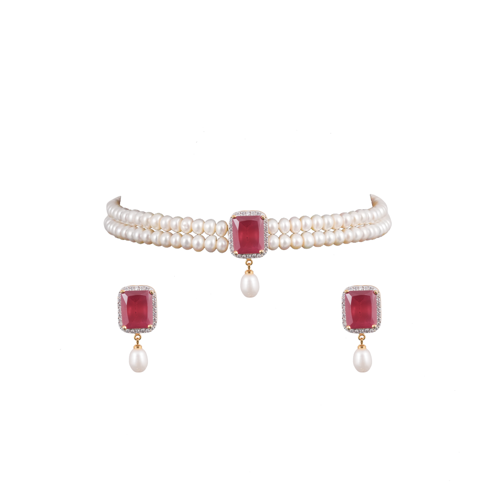 Red Stone Teardrop Pearl Choker Set | Krishna Pearls and Jewellers
