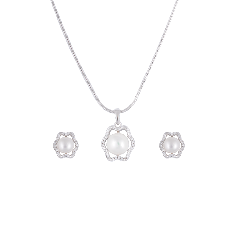 Floral Wave Pearl Set – CZ Framed ROUND | Krishna Pearls and Jewellers