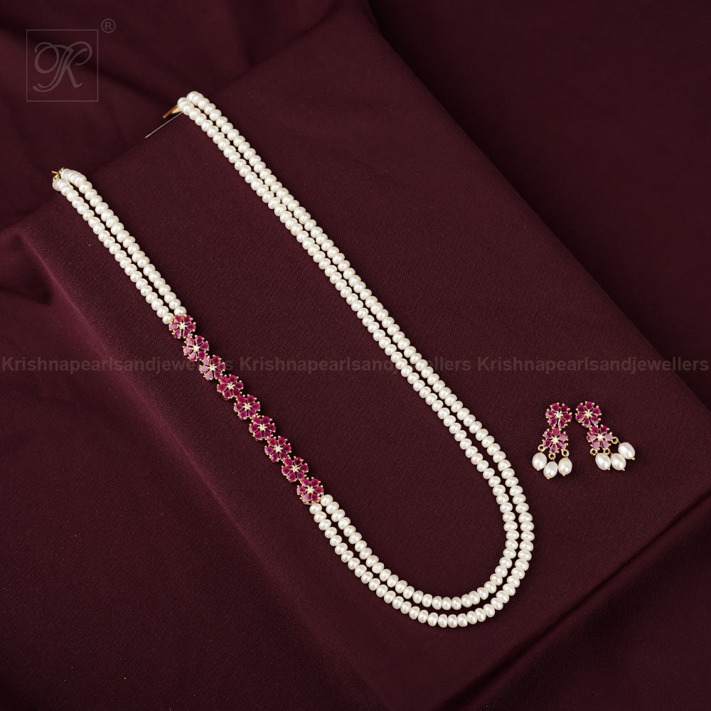 Elegant Red stone Floral Pearl Jewelry Set | Krishna Pearls and Jewellers