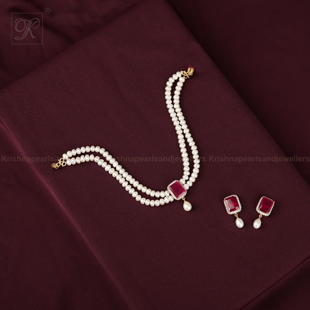 Red Stone Teardrop Pearl Choker Set | Krishna Pearls and Jewellers