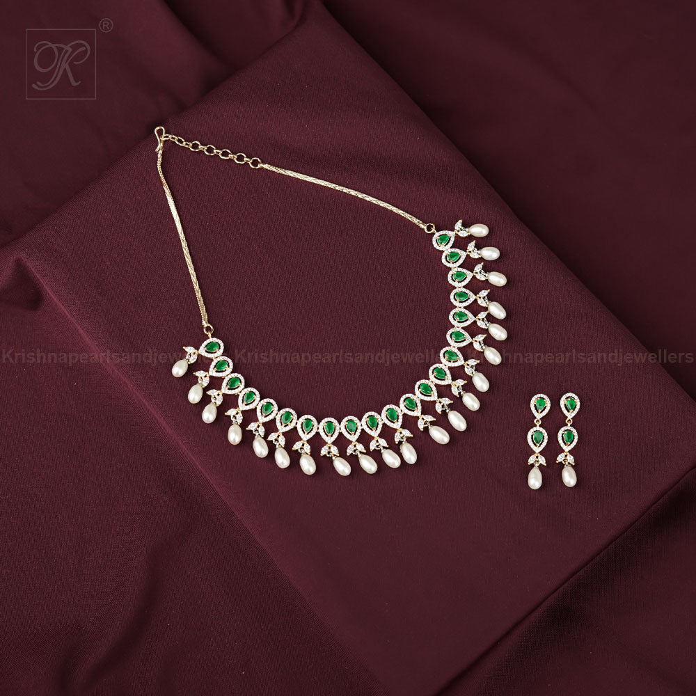 CZ with Green Stone Teardrop Pearl Necklace | Krishna Pearls and Jewellers