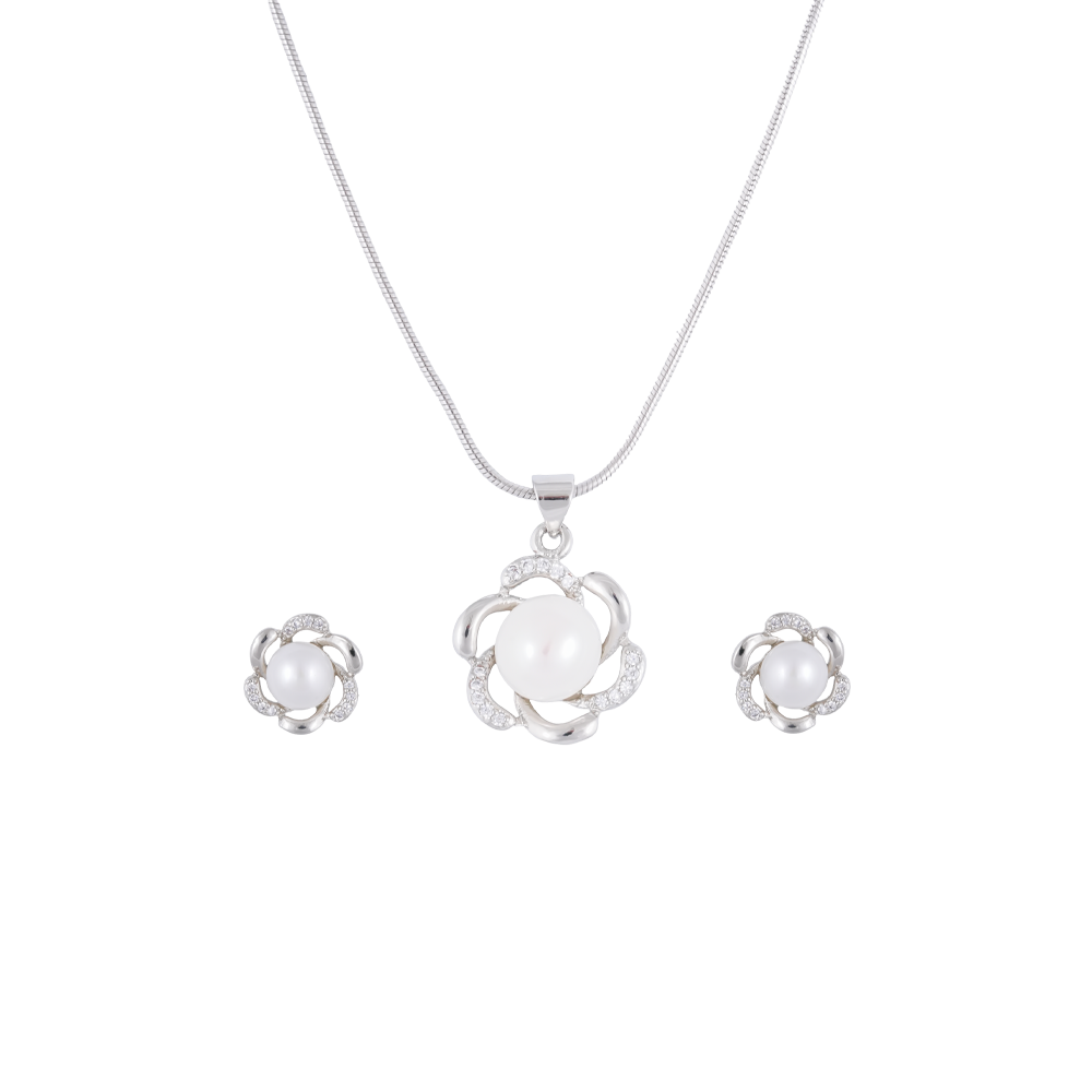 Silver Bloom Pearl Set Freshwater Pearl | Krishna Pearls and Jewellers