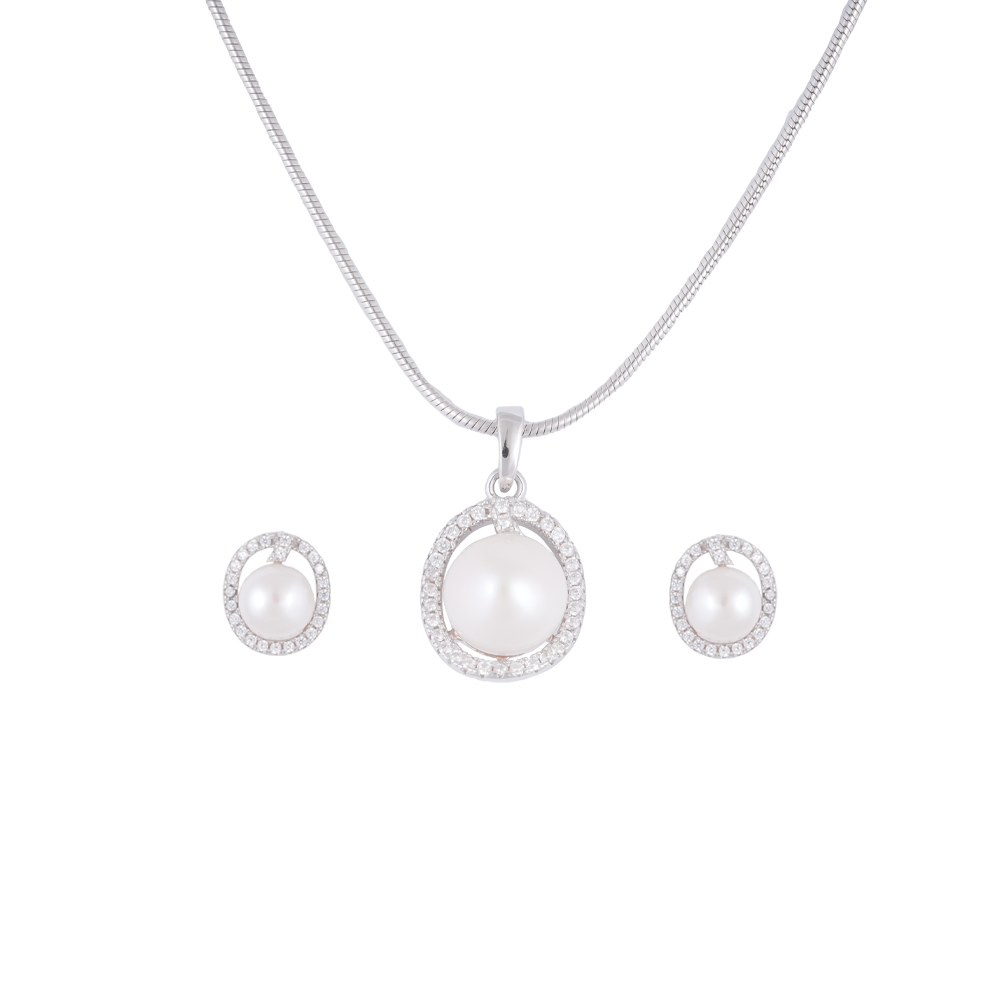 Luminous Halo Pearl Set – CZ Framed ROUND | Krishna Pearls and Jewellers