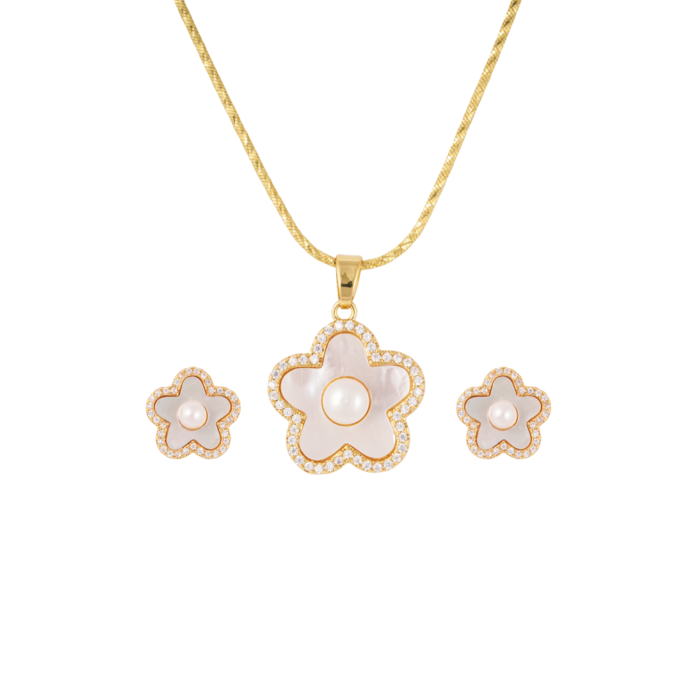 Golden Petal White Pearl Pendant & Earrings | Krishna Pearls and Jewellers