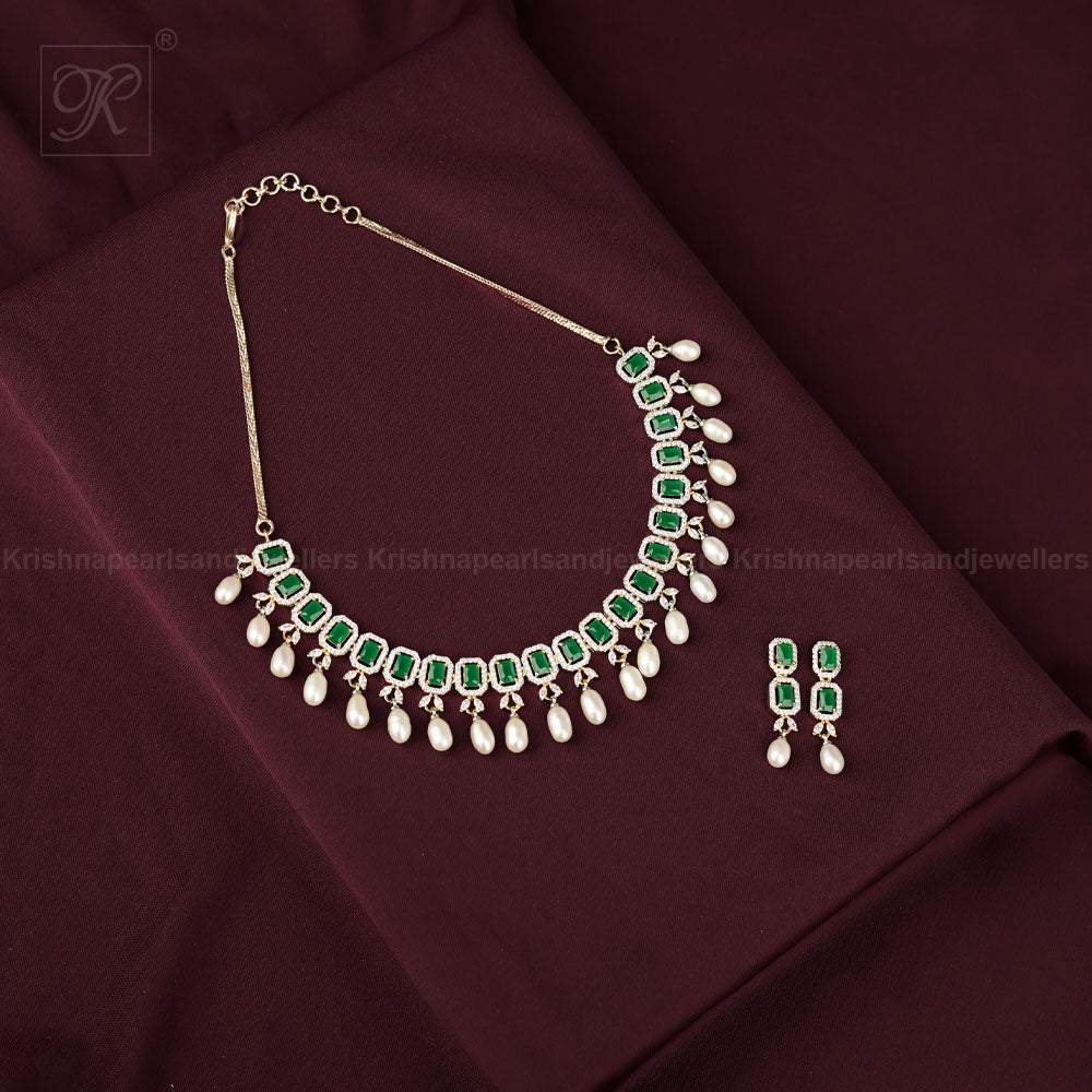 Green Square Cascade Pearl Necklace Set | Krishna Pearls and Jewellers