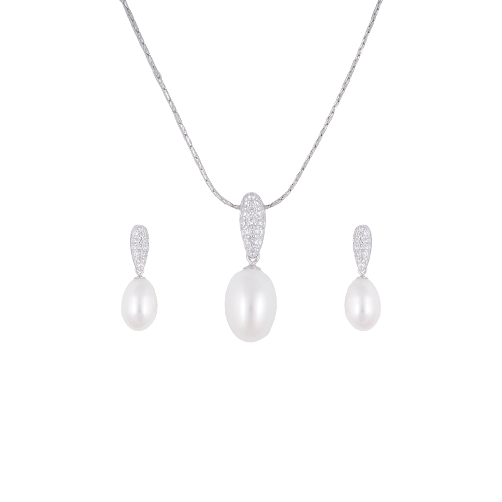 Ivory Drop Pearl Set – CZ Teardrop Elegance | Krishna Pearls and Jewellers