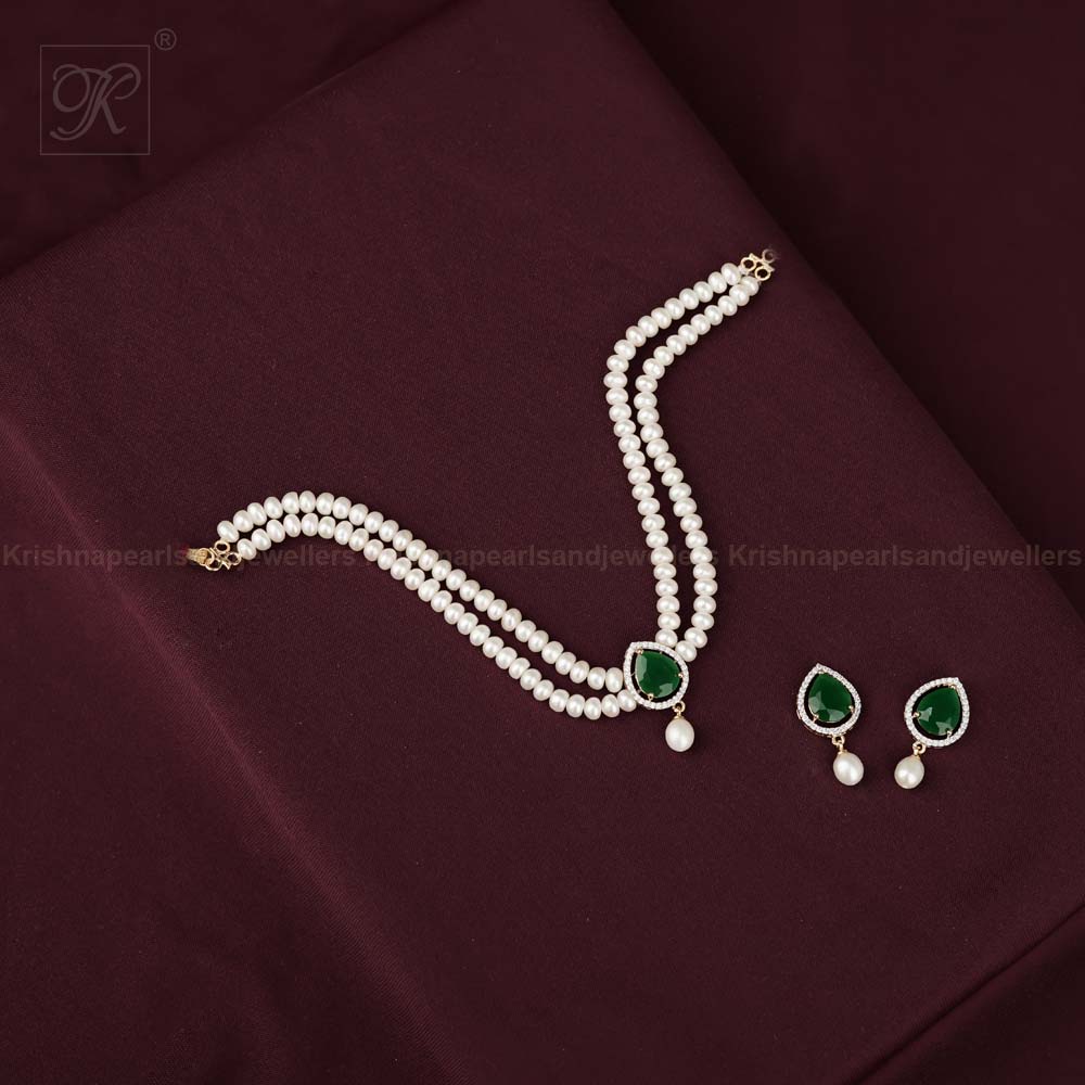 Regal Pearl and Green Stone Choker Set | Krishna Pearls and Jewellers