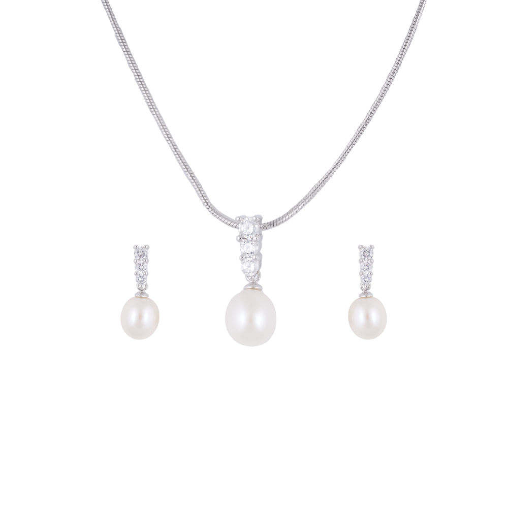 Radiant Trio CZ ROUND Pearl Set – Silver | Krishna Pearls and Jewellers