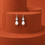 Teardrop Pearl Elegance Earrings with CZ — view 1 — pearl jewellery — Krishna Pearls Hyderabad