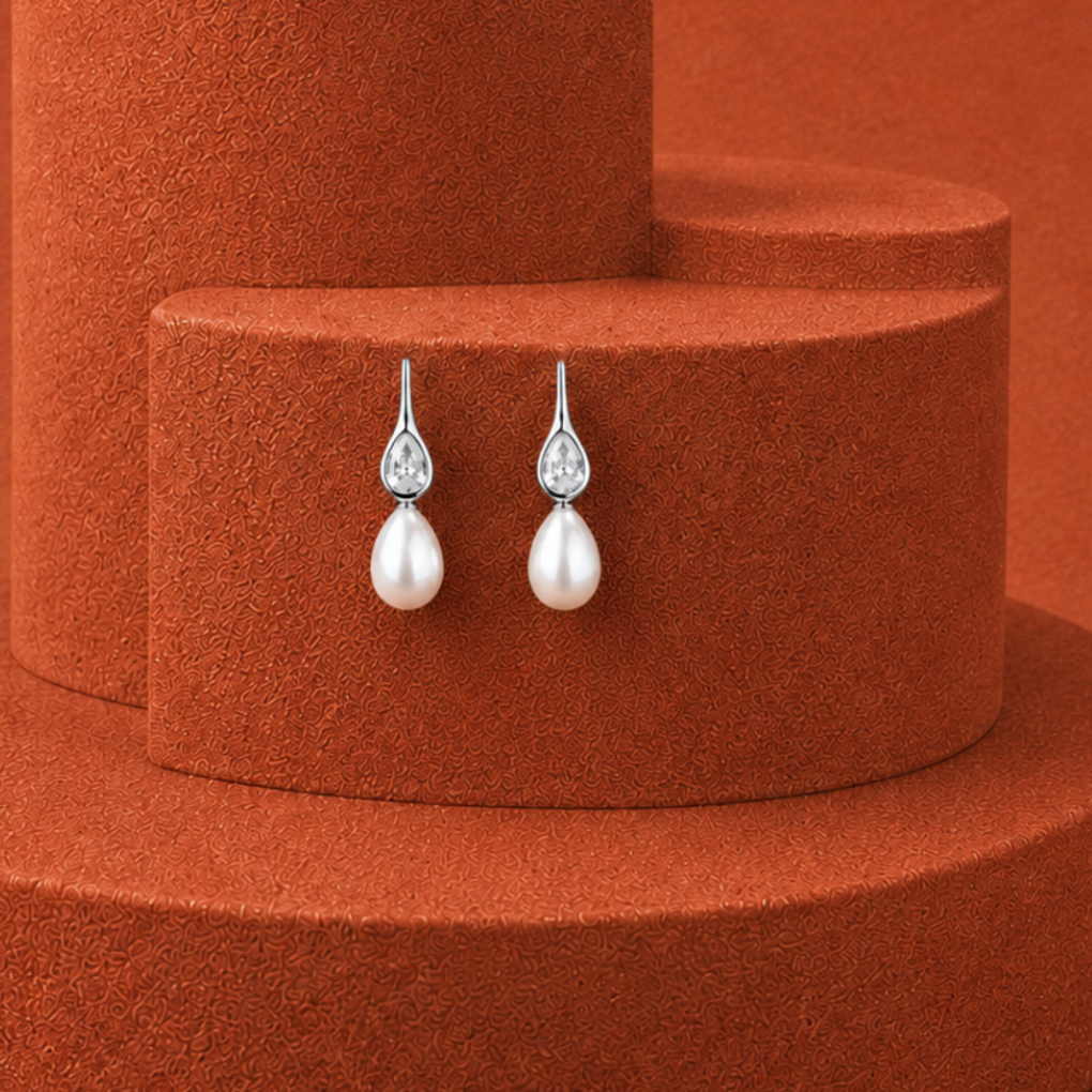 Teardrop Pearl Elegance Earrings with CZ | Krishna Pearls and Jewellers