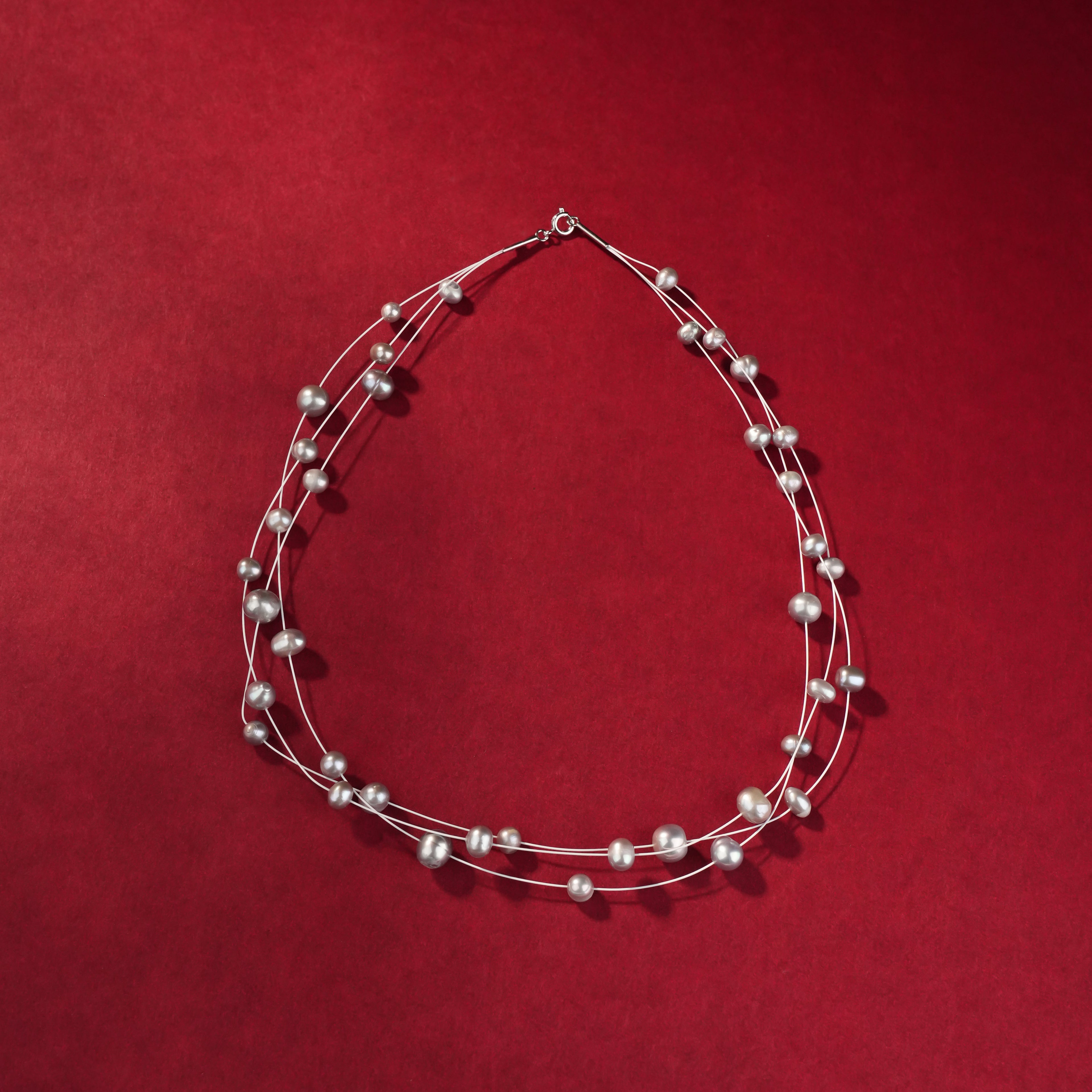 Multi-Strand Grey Freshwater Pearl Necklace in Sterling Silver polish | Elegant Designer Pearl Choker