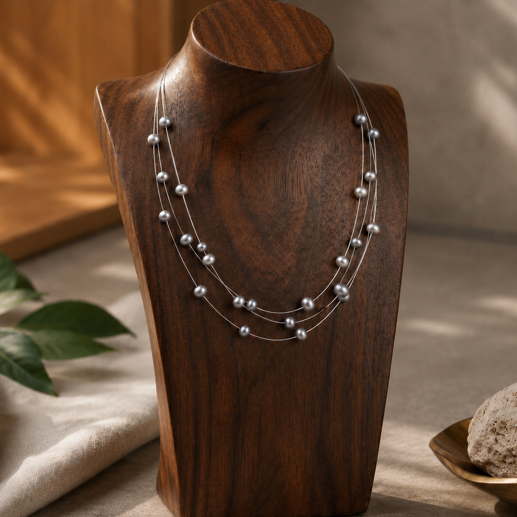 Multi-Strand Grey Freshwater Pearl Necklace in Sterling Silver polish | Elegant Designer Pearl Choker