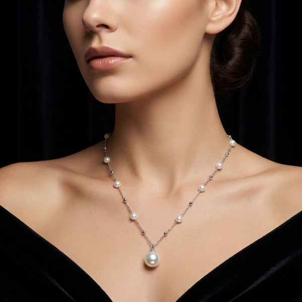 White Freshwater Pearl Pendant Necklace in Sterling Silver Polish| Elegant Pearl Drop Necklace